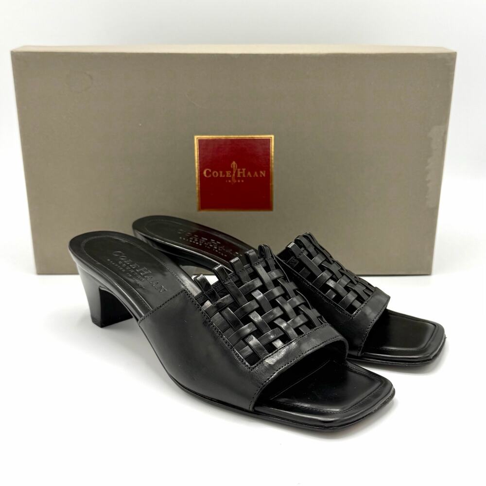 Cole Haan Kalista Black Woven Leather Mule Sandals Kitten Heel Size 5B Italy